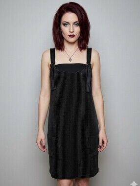 ModCloth Black Metallic Silver Pinstripe Pinafore Overall Dress, Size L